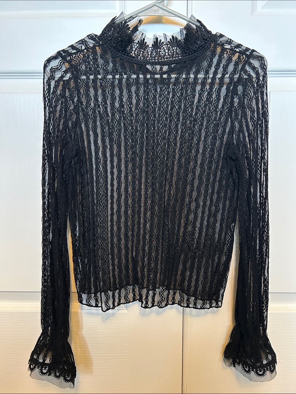 Zara Black Sheer Lace Long-Sleeve Top with Scalloped Trim
